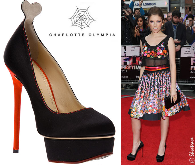 Celebrity Shoe Style - Anna Kendrick in Charlotte Olympia Black Satin "Josephine" Pumps - Fall 2013