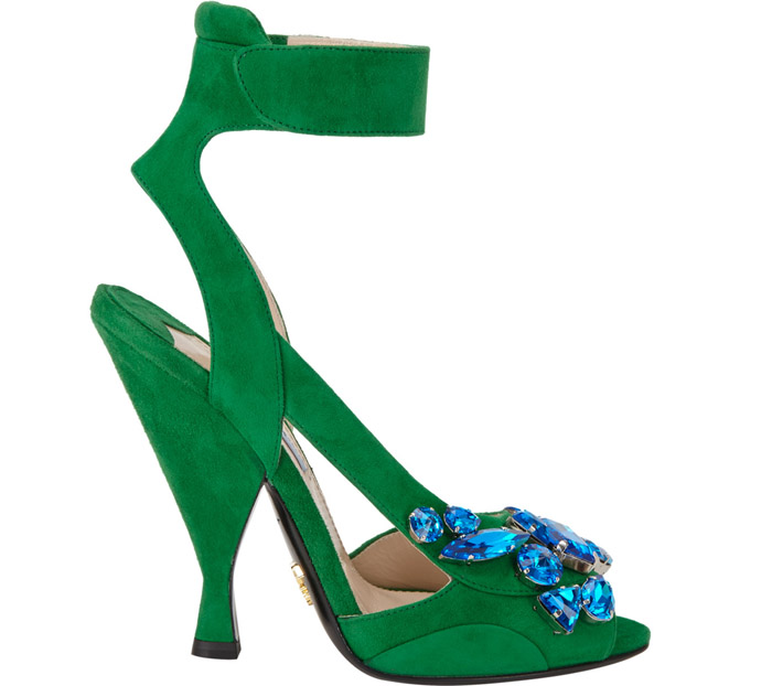 Want Shoes! Green Suede Prada Blue Jewel Sandals Spring 2014