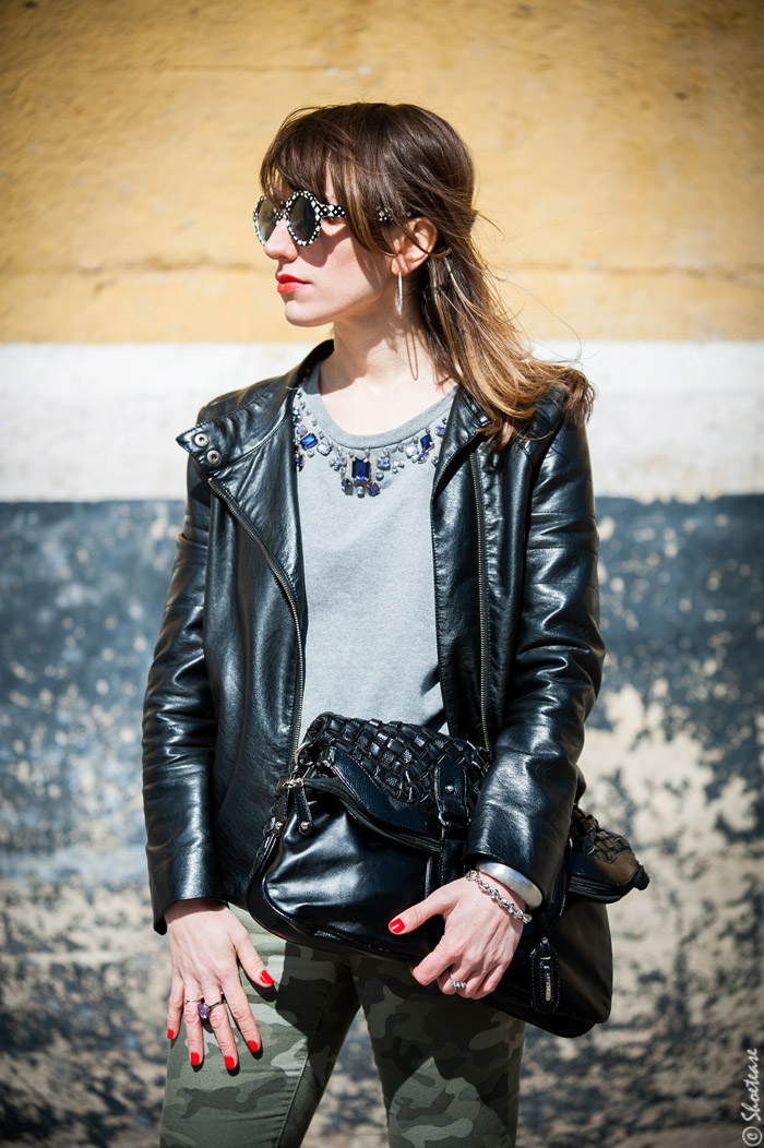 Toronto Street Style Fashion - Black Leather Moto Jacket, Grey Sweat Shirt, Camo Pants