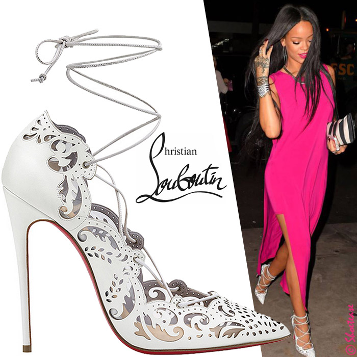 Rihanna in Christian Louboutin White Impera Lace-up Pumps  