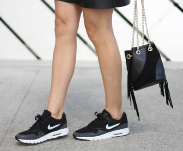 Black Faux-Leather Slip Dress with Nike Air Max Thea Sneakers Layered Slip Dress with Sneakers