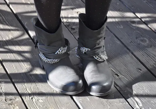 Grey Leather Strategia boots with removable chain from Holt Renfrew, Canada