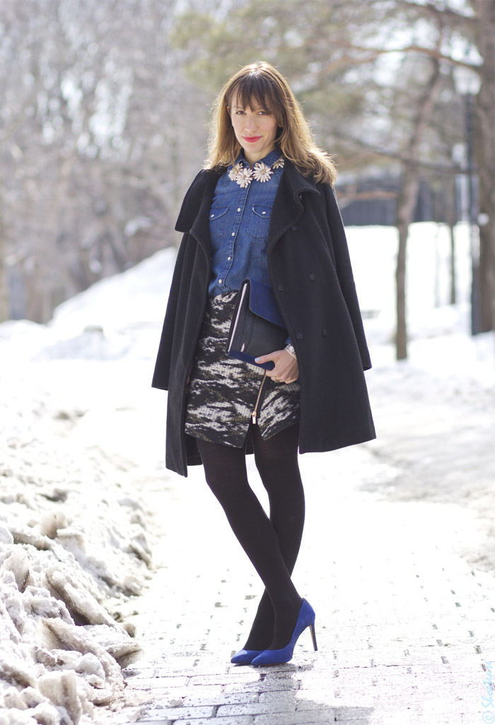 Denim Shirt, Daisy Floral Necklace, Navy Black Clutch, Cobalt Blue Heels, Camo Skirt