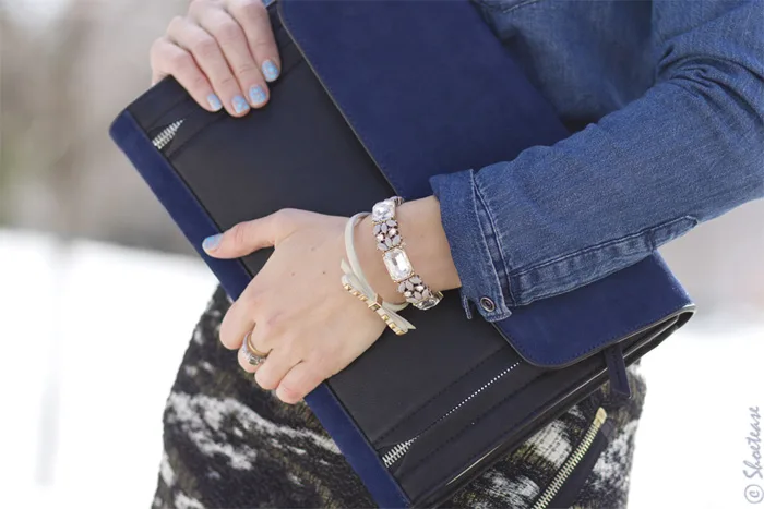 Toronto Street Style - Denim Shirt, Blue Black Clutch, Crystal Bracelets