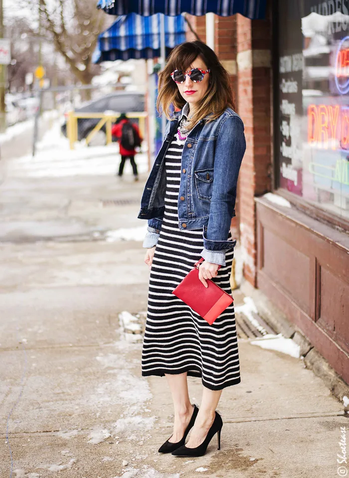 Toronto Street Style Fashion - Denim Jacket, Zara stripe dress, Peter Pilotto for Target Sunglasses, skull clips, Nine West black suede pumps Shoes