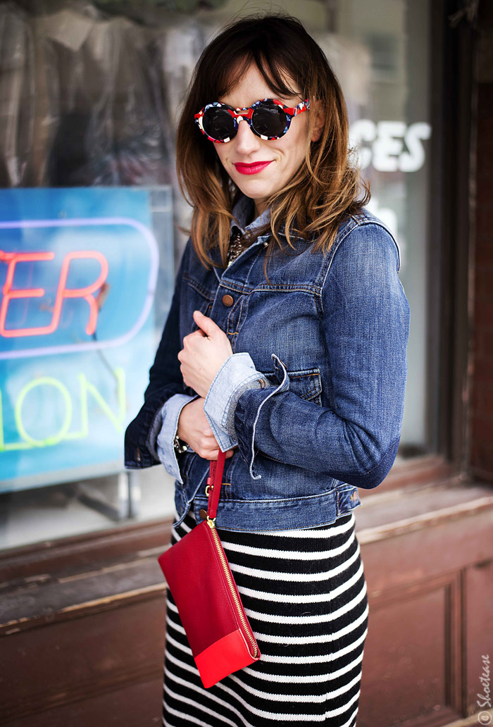 Toronto Street Style Fashion- Denim Jacket, Zara stripe sweater-dress, Peter Pilotto Target Sunglasses