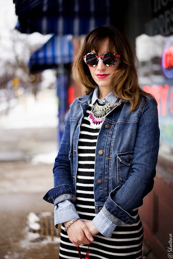 Toronto Street Style Fashion - Denim Jacket, Zara stripe dress, Peter Pilotto for Target Sunglasses, skull clips, Nine West black suede pumps Shoes