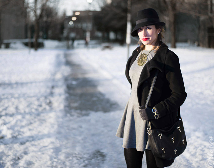 Toronto Street Style Fashion - Fedora Hat, Skater Dress, Coach Booties