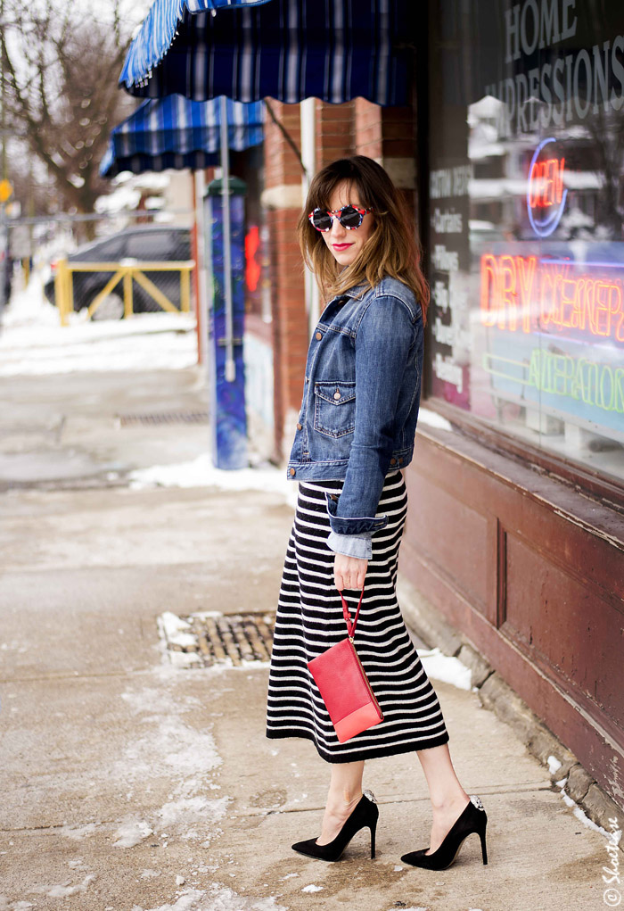 Toronto Street Style Fashion- Gap Denim Jacket, Zara stripe sweater-dress, Shoelery skull clips, Nine West black suede pumps