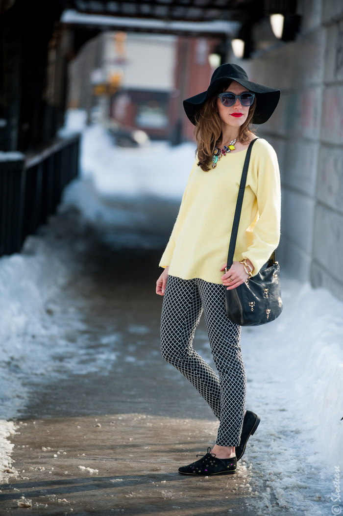 Toronto Street Style Fashion - Vintage Malo Sweater, Maud Frison Brogues, H&M floppy hat, Juicy Couture Topanga purse, J.Crew Necklace, Gap Diamond print pants