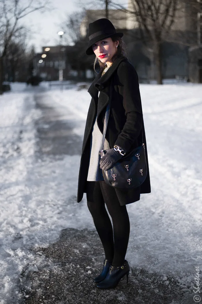 Toronto Street Style Fashion - Winter Fedora Hat, Skater Dress, Coach Leather Booties
