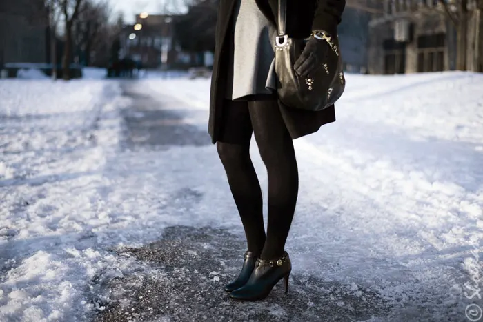 Toronto Street Style Fashion1 - Skater Dress, Juicy Couture Studded Bag, Coach Booties