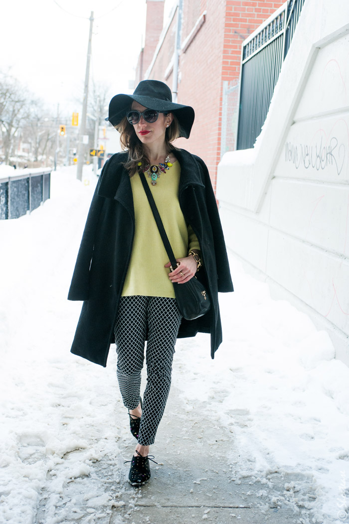 Toronto Street Style Fashion1 - Vintage Malo Yellow Sweater, Maud Frison Brogues, H&M floppy hat, Juicy Couture Topanga purse, J.Crew Necklace, Gap Diamond print pants