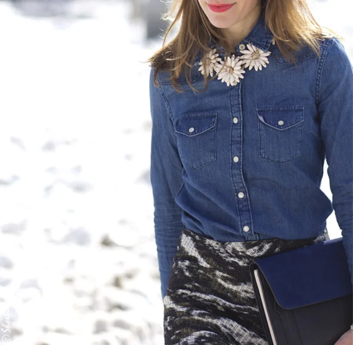 Toronto Street Style - Gap Denim Shirt, Floral Daisy Necklace