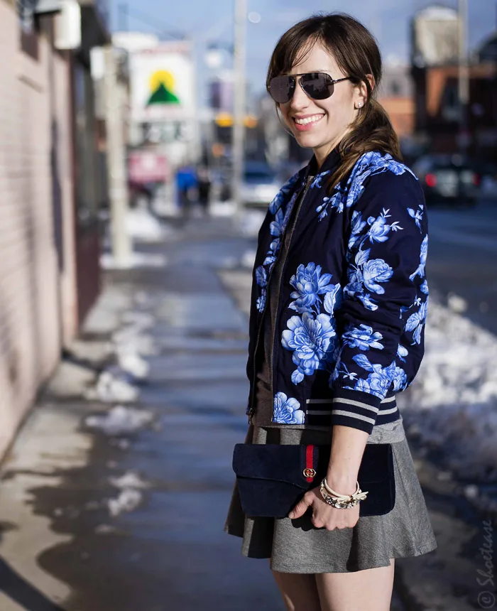 Toronto Street Style - Gap Floral Bomber, Skater Dress, Pink Pumps & Vintage Gucci Clutch