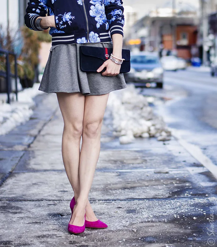 Toronto Street Style - Gap Floral Bomber, American Apparel Skater Dress, Pink Pumps & Gucci Clutch