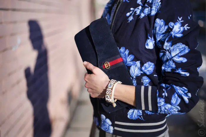 Toronto Street Style - Gap Floral Bomber & Vintage Gucci Clutch Banana Republic Bracelets