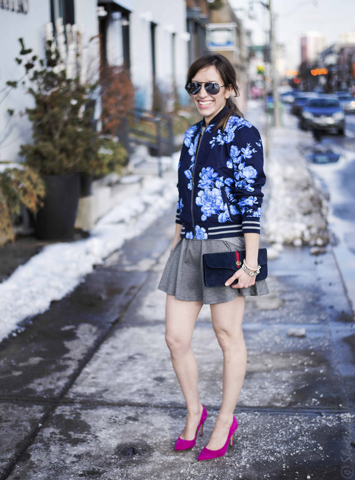 Toronto Street Style - Gap Floral Bomber, Skater Dress, Pink Pumps & Vintage Gucci Clutch