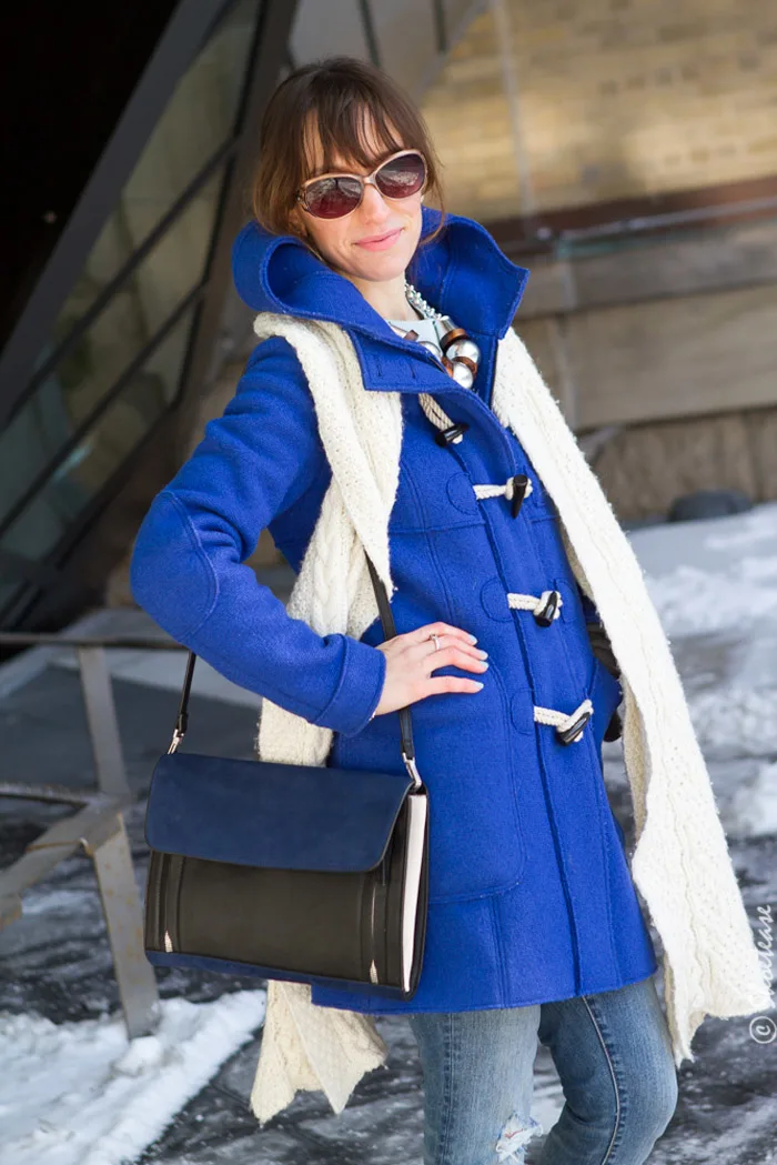 Toronto Street Style - Joe Fresh Flower Sweater, Zara Clutch, Toggle Cobalt Blue Coat
