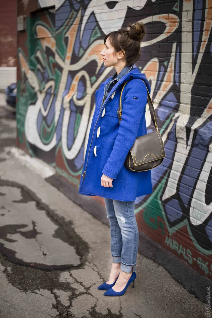 Toronto Street Style - Cobalt Coat, Suede Heels, Jeans and Denim