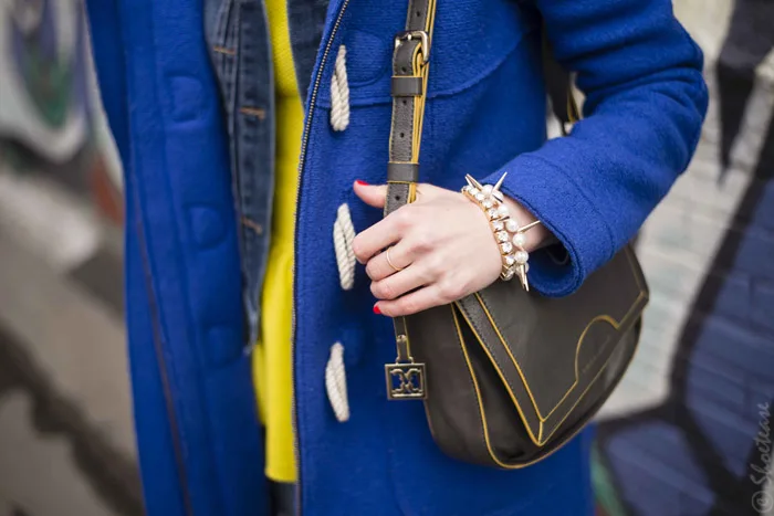 Toronto Street Style - Grey Bag Yellow Piping Aldo Spike Pearl Bracelets