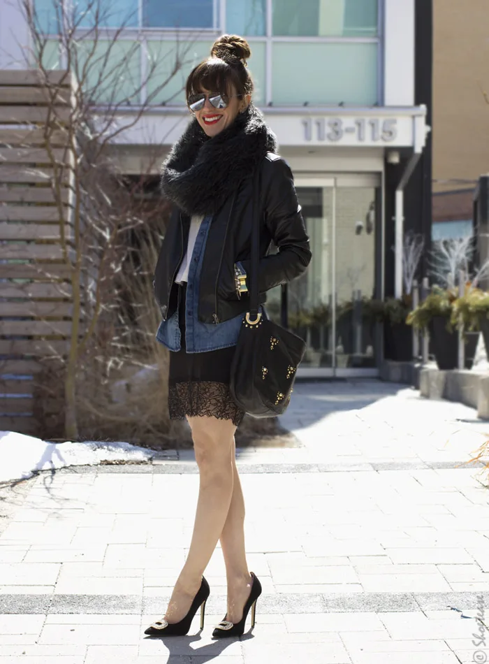 Toronto Street Style - Lace Leather Chambray & Black Pumps