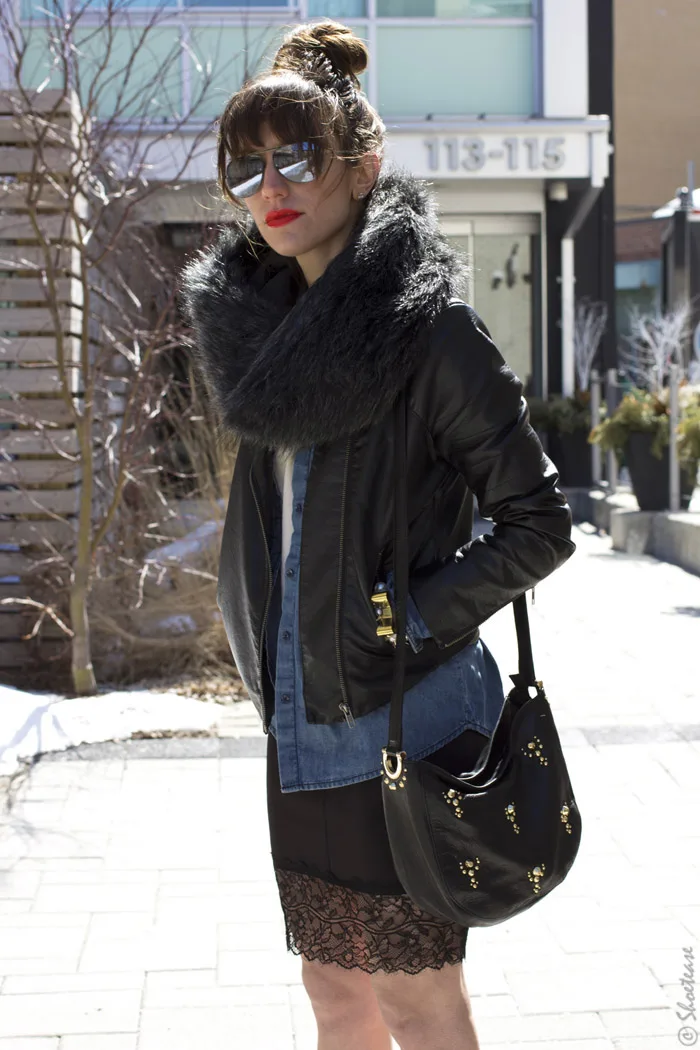 Toronto Street Style - Leather Lace Chambray & Black Pumps