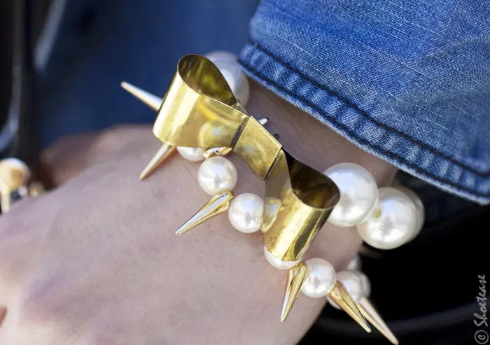 Toronto Street Style - Pearls Spike Metal Bow Bracelet