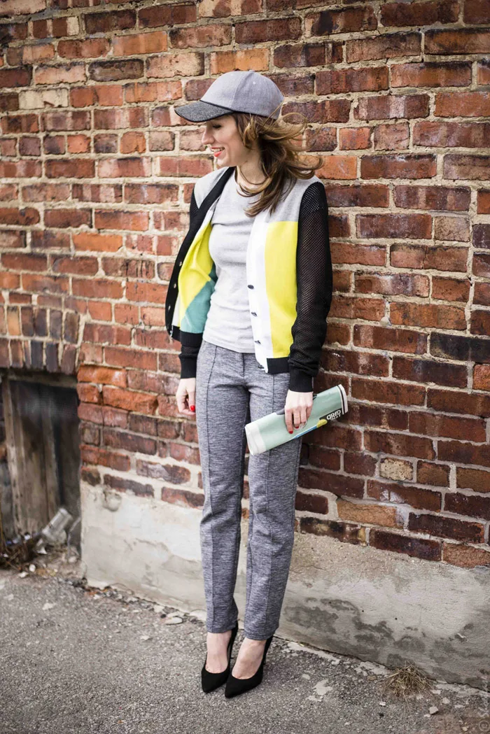 Toronto Street Style - Heather Gray, Baseball Cap, Peter Pilotto for Target Colour Block Cardigan Joe Mimran