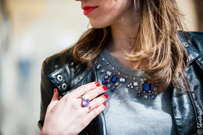Toronto Street Style Fashion - Black Leather Biker Jacket, Grey Jewelled Sweat Shirt, Red Polish and Lips