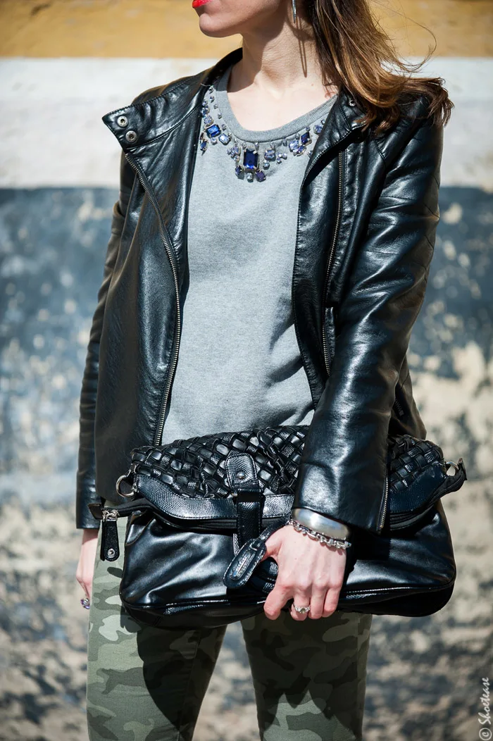 Toronto Street Style Fashion - Black Leather Biker Jacket, Grey Sweat Shirt, Camo Pants