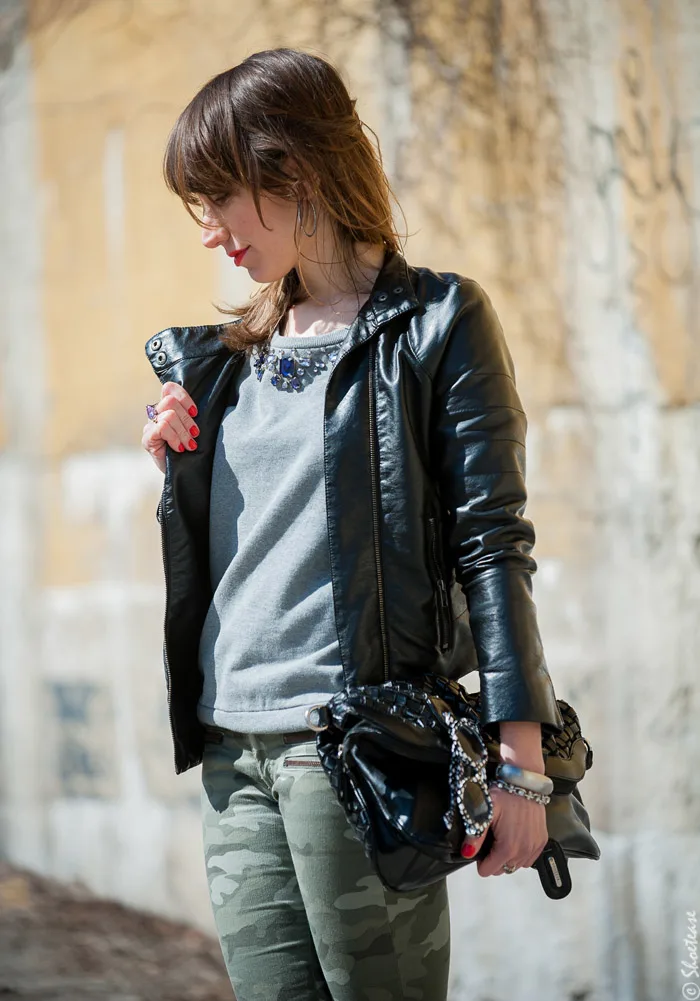 Toronto Street Style Fashion - Black Leather Biker Jacket, Grey Sweatshirt, Camo Pants