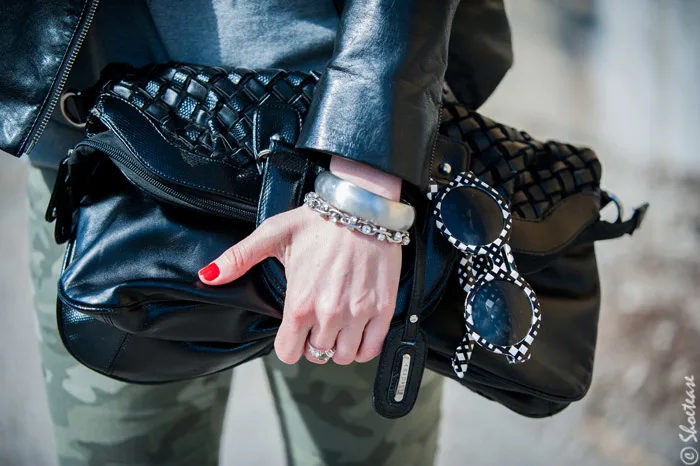 Toronto Street Style Fashion - Black Leather Woven Clutch, Grey Sweat Shirt, Camo Pants, Peter Pilotto for Target Sunglasses