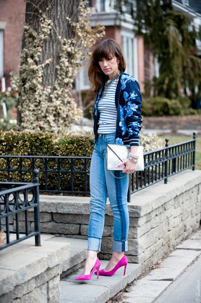 Toronto Street Style Fashion- Blue Floral Bomber, Pink Pointed Pumps