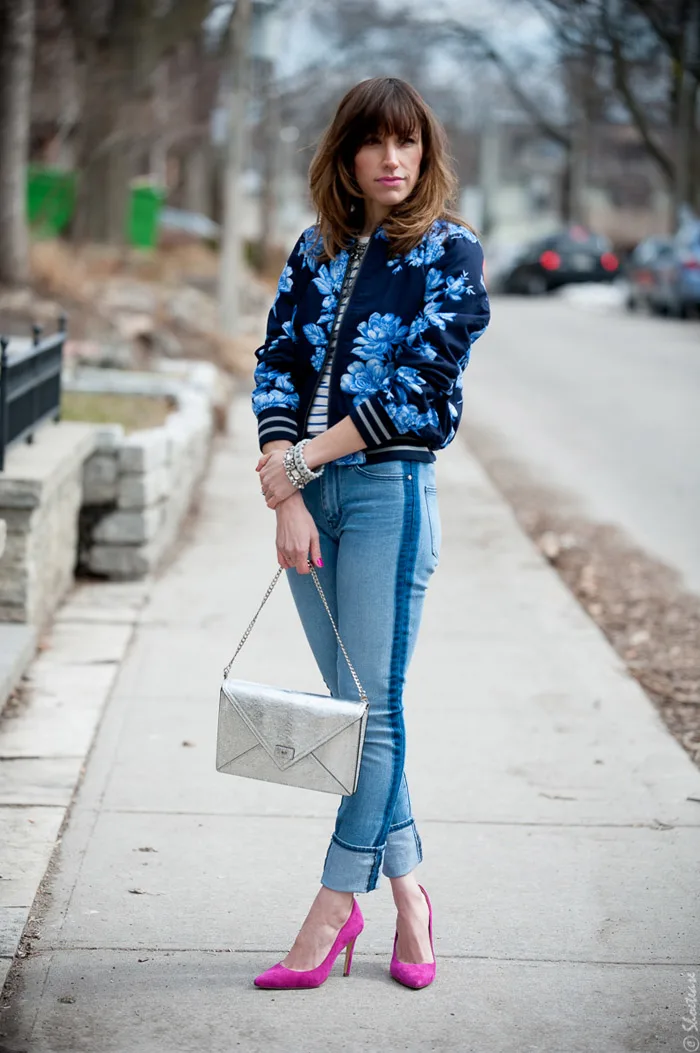 Toronto Street Style Fashion- Blue Flower Bomber, Pink Pointed Pumps