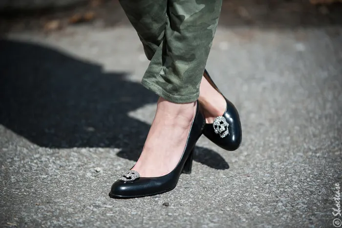 Toronto Street Style Fashion - Camo Pants, Black High Heel Pumps with Sparkle Skull Shoe Clips