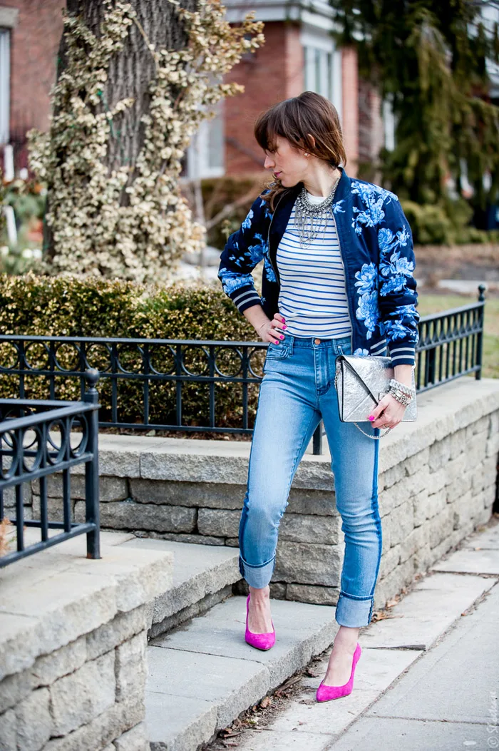Toronto Street Style Fashion- Gap Blue Flower Bomber, Pink Pointed Pumps, Silver Chain Statement Necklace