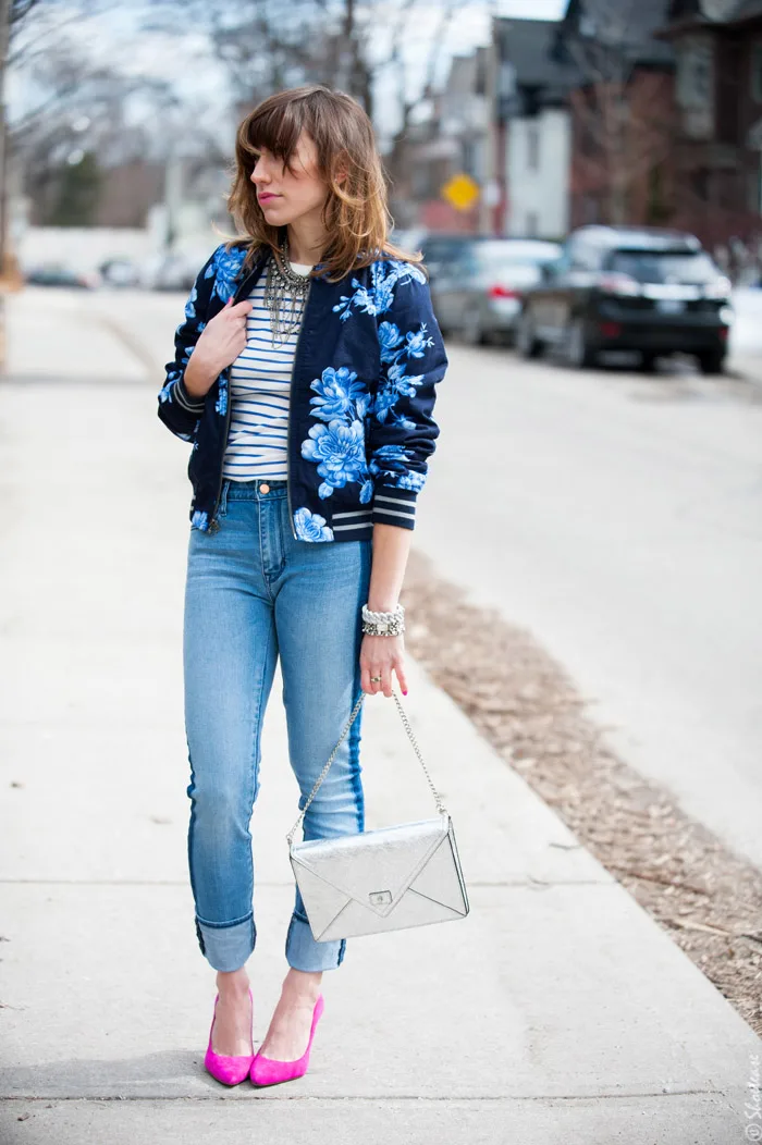 Toronto Street Style Fashion- Gap Blue Flower Bomber, Pink Pointed Pumps