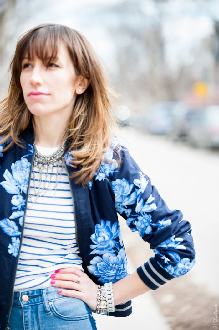 Toronto Street Style Fashion- Gap Flower Bomber, Natical Stripe T-shirt