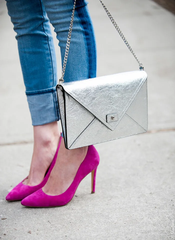 Toronto Street Style Fashion- Silver Clutch, Gap Tuxedo Stripe Skinny Jeans, Pink Pointed pumps