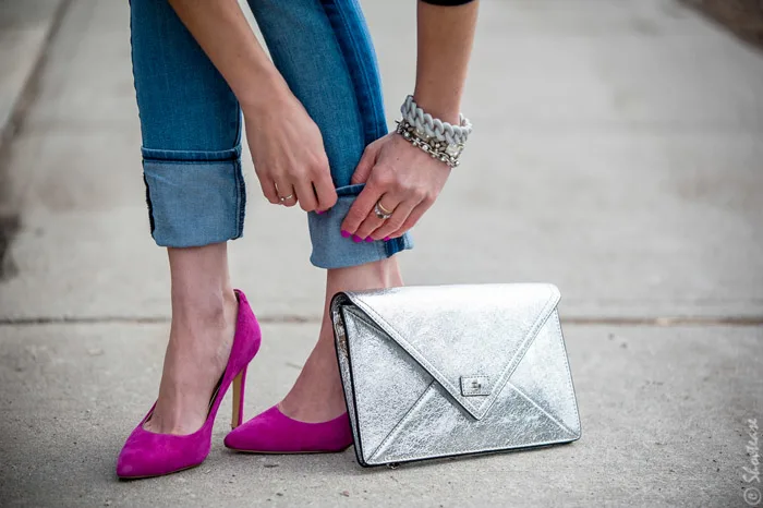 Toronto Street Style Fashion- Silver Clutch, Tuxedo Stripe Skinny Jeans, Pink Pointed pumps