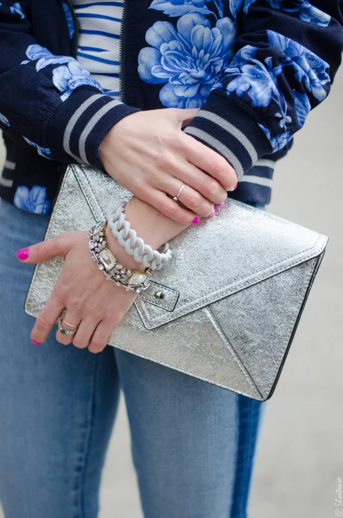 Toronto Street Style Fashion- Silver Clutch, Tuxedo Stripe Skinny Jeans