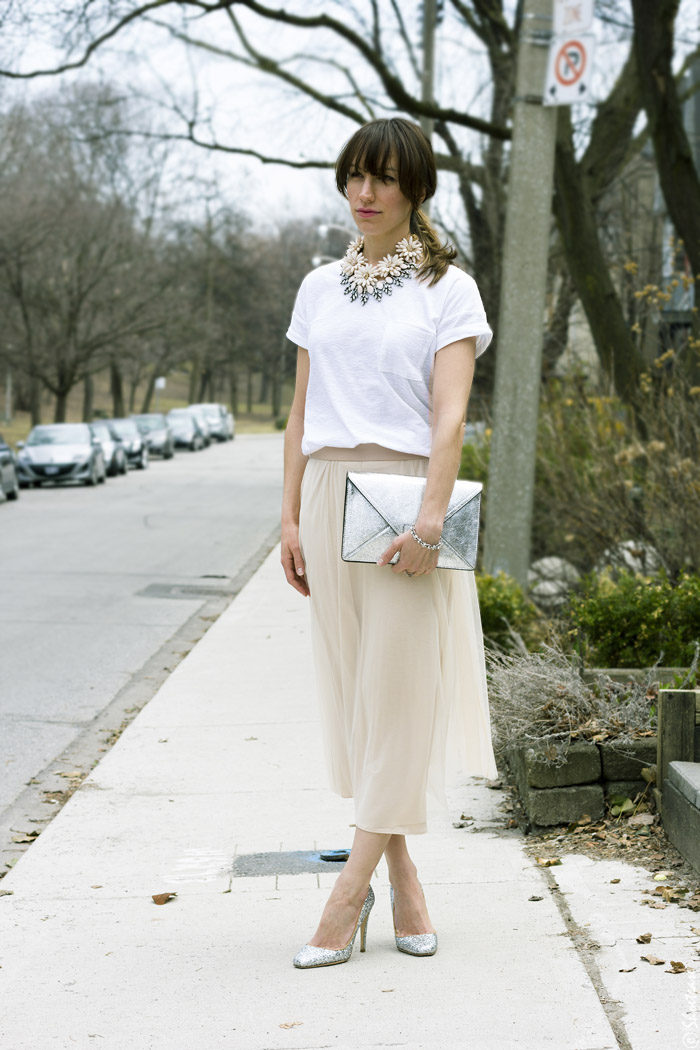 Mesh Blush Skirt White Tee Silver Heels