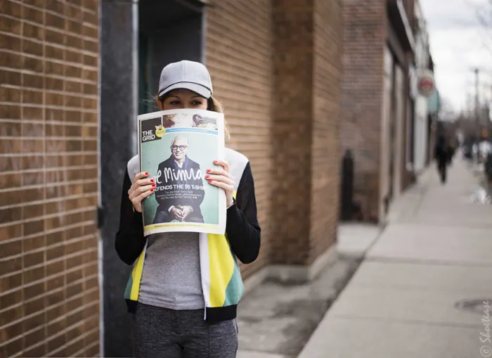 Toronto Street Style - Heather Gray, Baseball Cap, Peter Pilotto for Target Colour Block Cardigan Joe Mimran