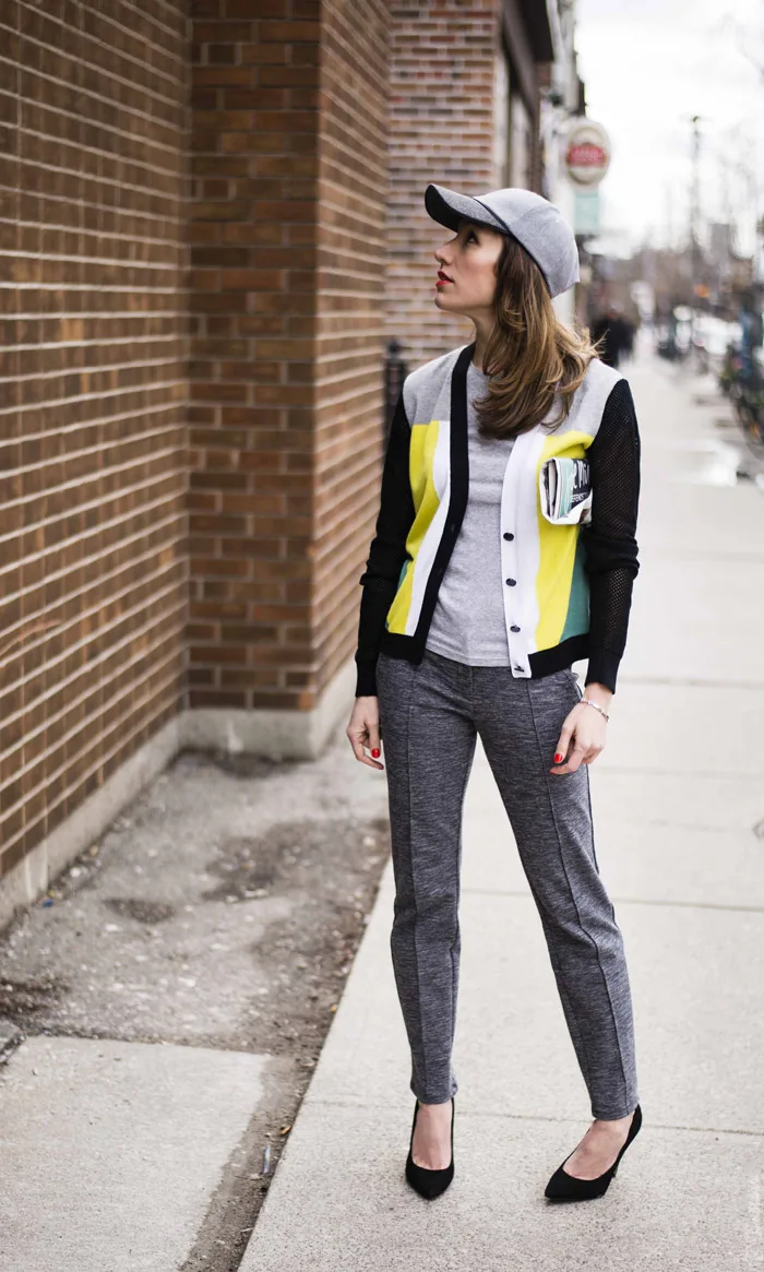 Toronto Street Style - Heather Gray, Baseball Cap, Black Pumps & Joe Mimran