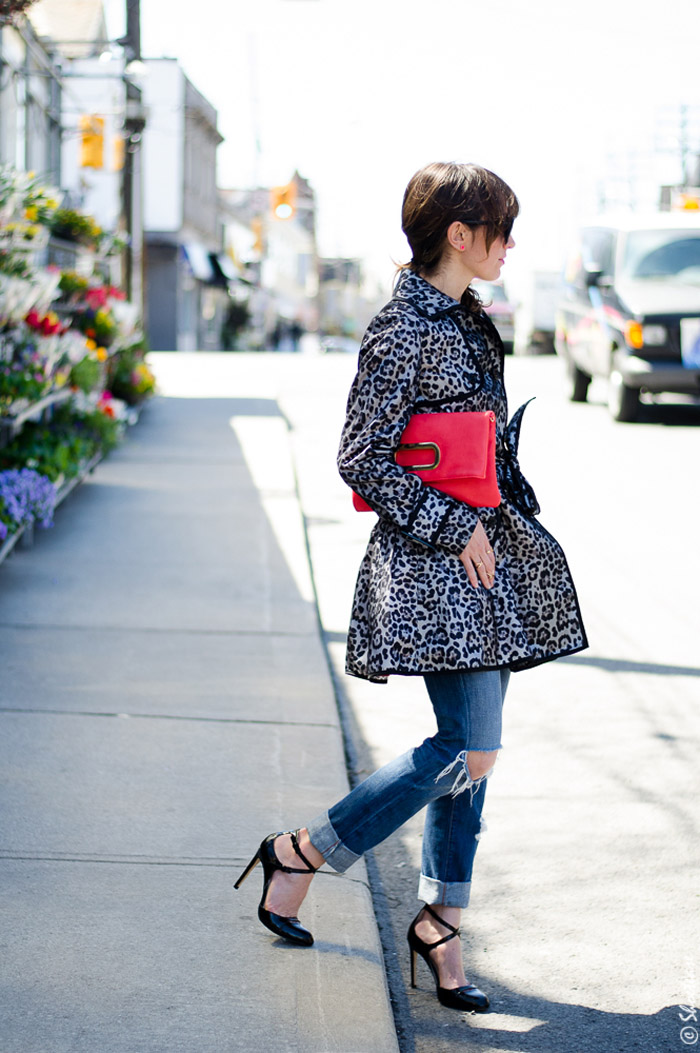 LEopard Print Trench Coat + Black Patent Strappy Pumps + Destroyed Boyfriend Jeans