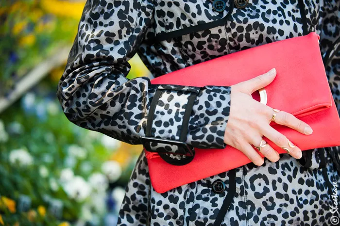 Coral Fold-Over clutch, Leopard Rain Coat