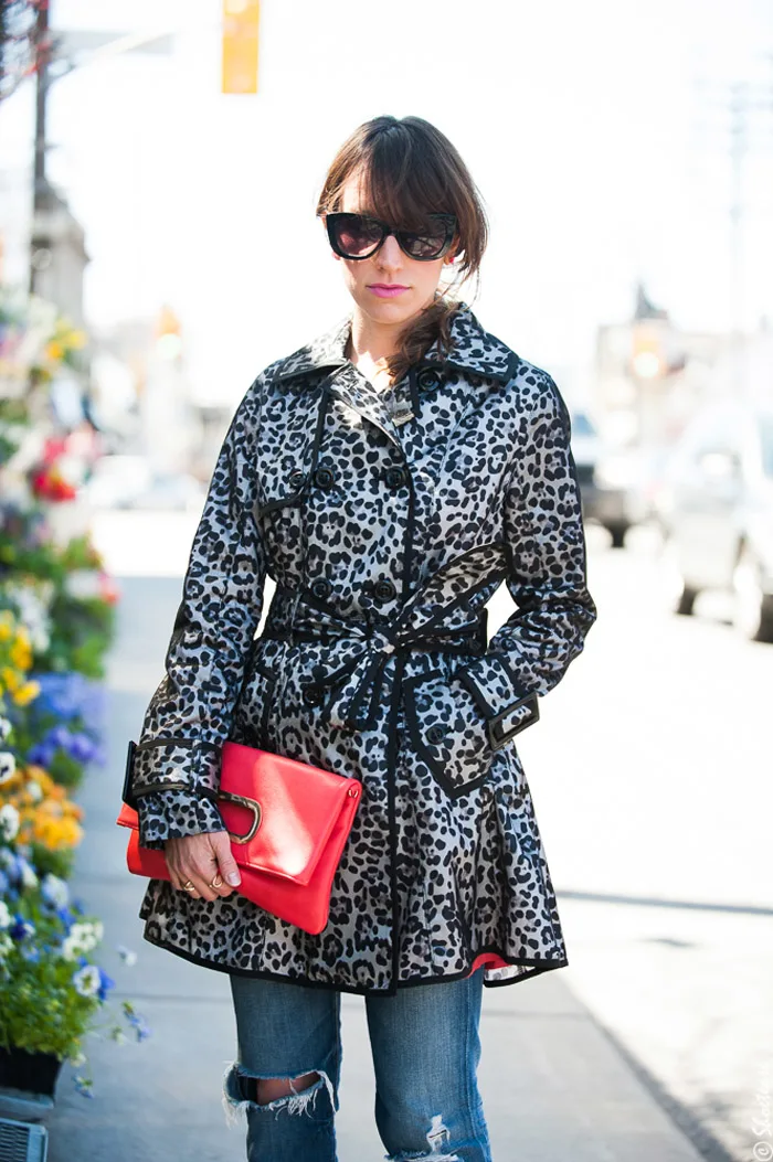 Leopard Print Trench Coat, Coral Clutch