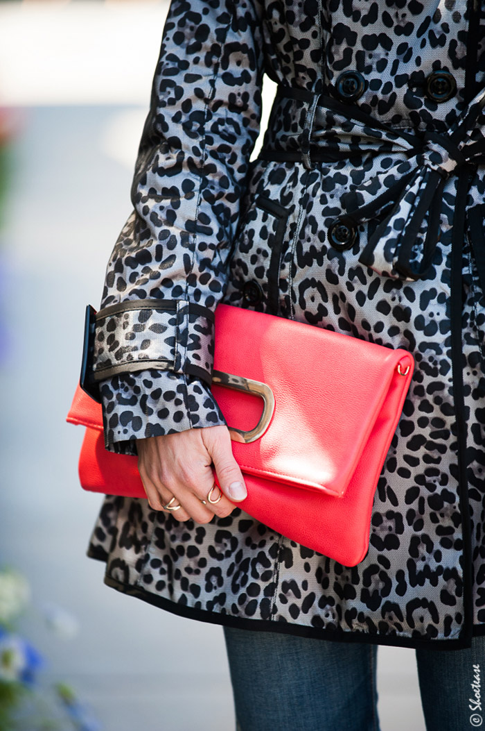 Leopard Print Trench Coat + Coral Clutch + Silver Rings