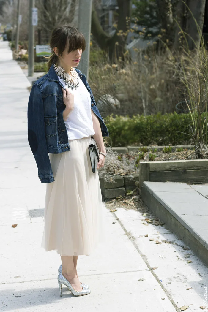 Tulle Skirt Style with White Tee and Denim Jacket